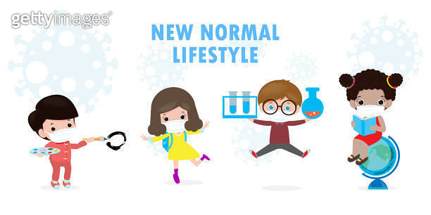 Back to school for new normal lifestyle concept. happy group of kids ...