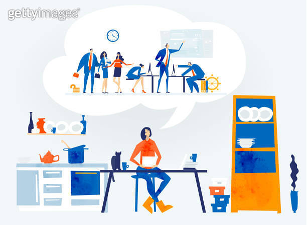 Woman works from home, kitchen table, distance working. Self isolation ...