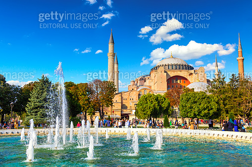 Hagia Sophia Ayasofya museum with fountain in the Sultanahmet Park in ...