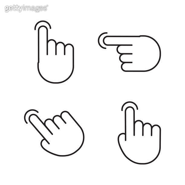Gesture touch screen icons. Finger click, tap on button. Touchscreen
