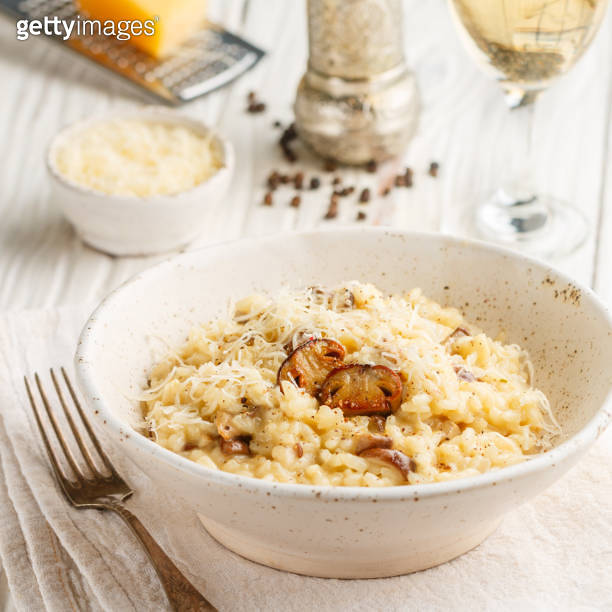 Risotto with porcini mushrooms, Parmesan cheese, Pecorino, onion