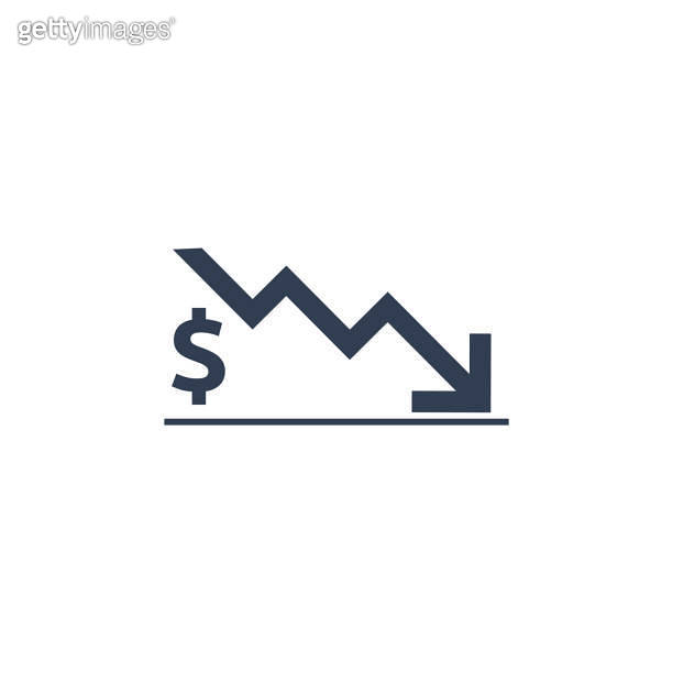 dollar decrease icon. Money symbol with arrow stretching rising drop ...