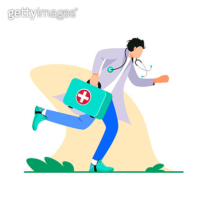 Paramedic with first aid kit running to the rescue flat cartoon ...