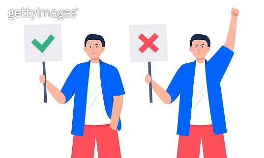 Man Disagree Sign Young men with different emotions hold banners. Agreeing and disagree ...
