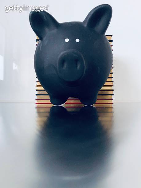 Black piggy bank and a stack of colorful books behind it 이미지