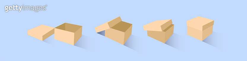 A set of open and closed boxes in different angles. Isometry in ...