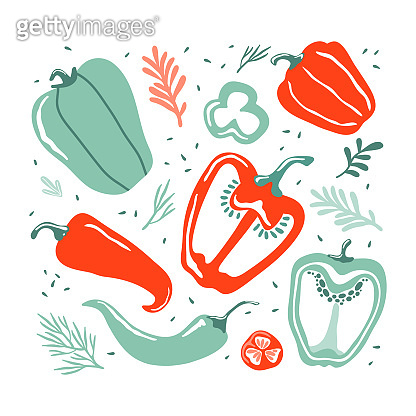 Set with hand drawn colorful doodle vegetables in trendy organic style ...