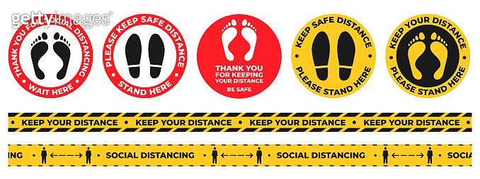 Social distance floor stickers. Round wait here warning signs with foot ...