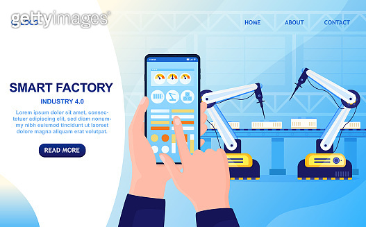 Remote Factory Vector Smart Factory Colorful Concept. Hand with smartphone controls the ...