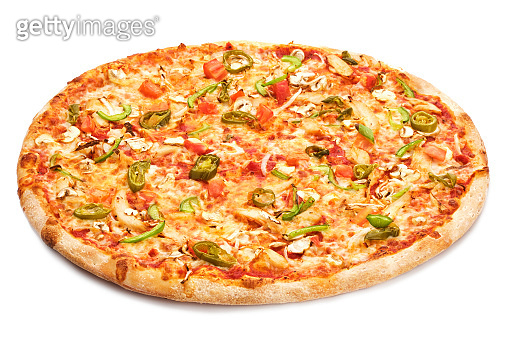 Tasty fresh italian classic pizza with tomatoes and jalapenos ...