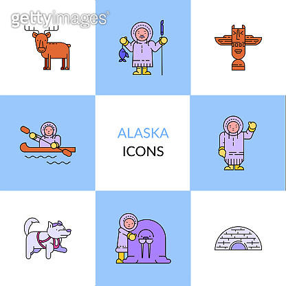 Arctic animals and Eskimos. Vector linear icons. (1256397538) - 게티이미지뱅크
