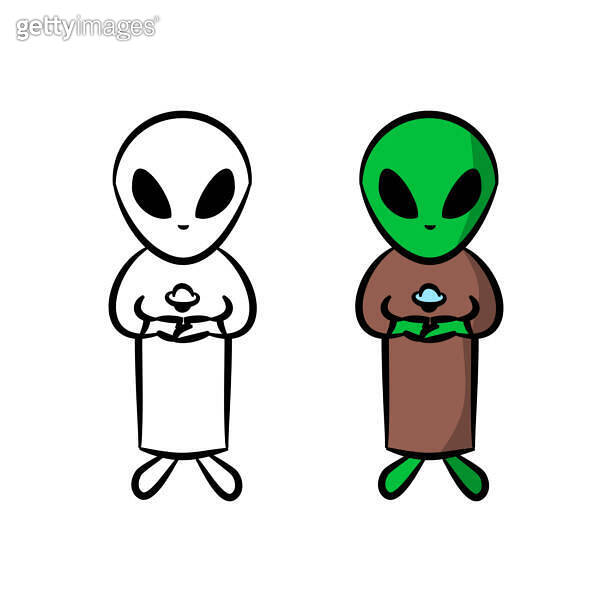 Chibi Alien hand drawn style illustration, with outlines for children's ...
