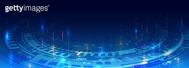 Wide perspective Blue background with various technological elements ...