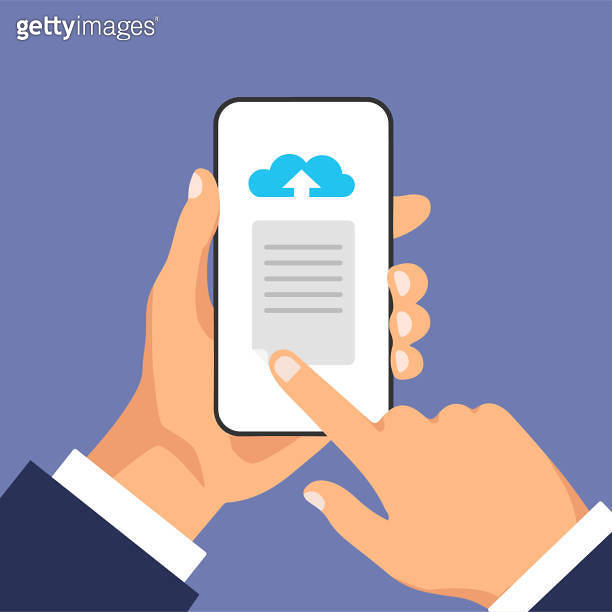 Businessman uploads files or document to cloud storage on phone 이미지