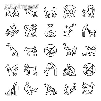 Dog walking, icon set. Dog on a leash with the owner, linear icons ...