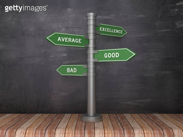Excellence Average Good Bad Directional Sign on Chalkboard - 3D ...