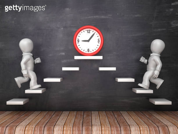 Strong Step Clock Business Characters on Steps with Clock on Chalkboard - 3D Rendering ...