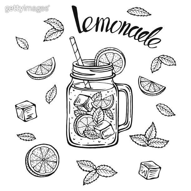 Lemonade mug with ice and a slice of lemon and a straw and mint leaves