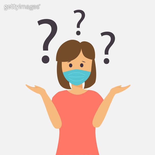 Woman in respiratory masks with question mark. Prevention of disease ...