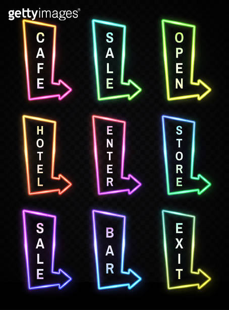 Neon light realistic arrows signs set on transparent background ...