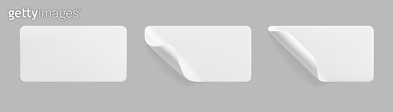 White glued rectangle stickers with curled corners mock up set. Blank ...