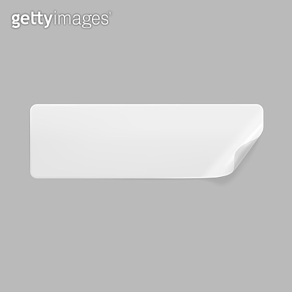 White glued rectangle sticker with curled corners mock up. Blank white ...