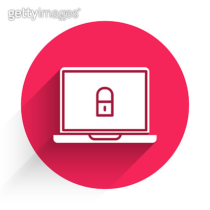White Laptop and lock icon isolated with long shadow. Computer and ...