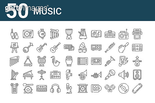 set of 50 music icons. outline thin line icons such as harmonica, voice ...