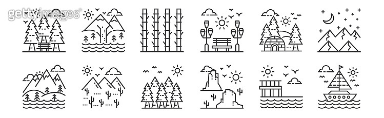12 set of linear nature and landscape icons. thin outline icons such as ...