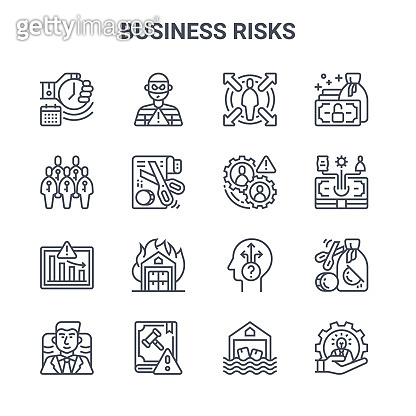 set of 16 business risks concept vector line icons. 64x64 thin stroke ...