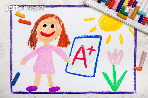School grades. Happy student with exam or test result.Girl holding ...