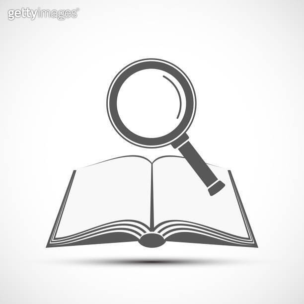Magnifying glass over an open book. Bookstore icon. 이미지 (1249750838