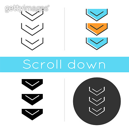 Scrolling down arrows button icon. Three downward arrowheads ...