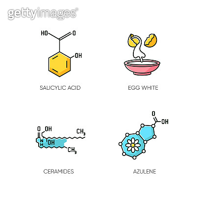 Cosmetic ingredient RGB color icons set. Salicylic acid. Egg white ...