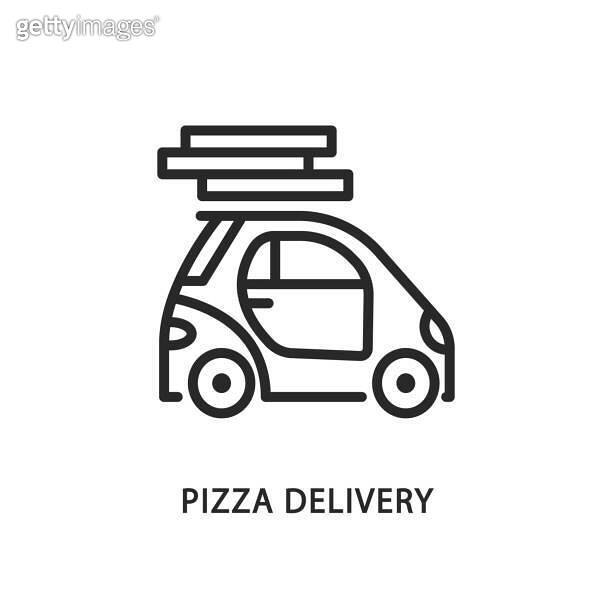Pizza delivery car flat line icon. Vector illustration delivery car ...