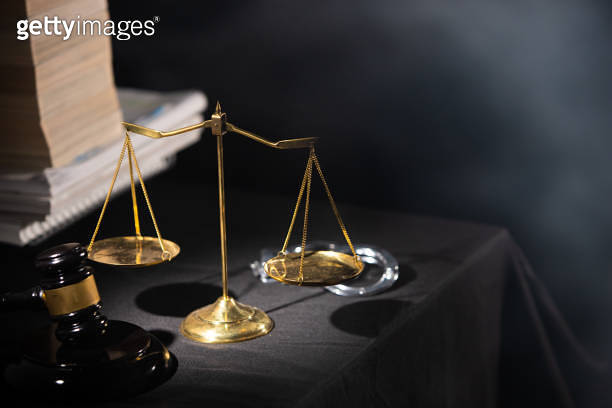 Balance Scale for justice and judge with handcuff, law book and hammer ...