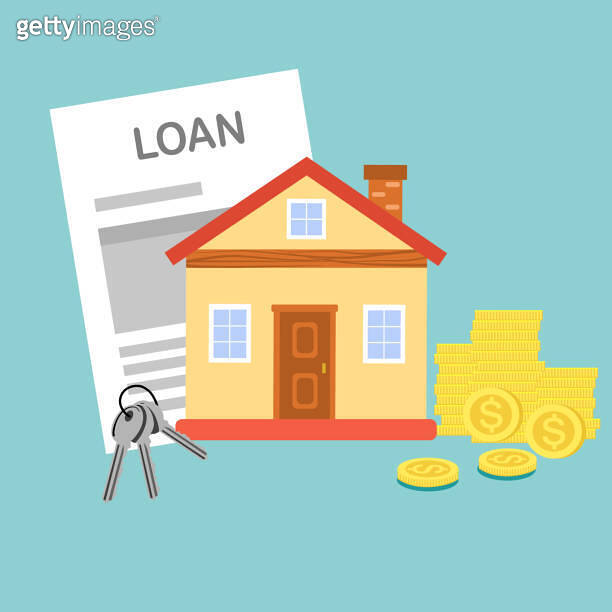 House, key, loan form and coins money flat design. Home loan and