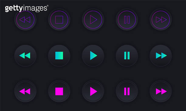 Media player icons set. Dark colorful buttons for controlling a audio ...