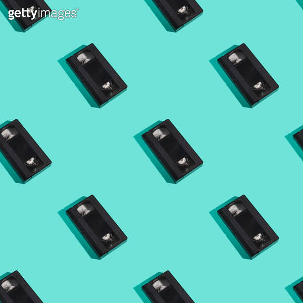 VHS format plastic videotape cassette seamless pattern, analog retro