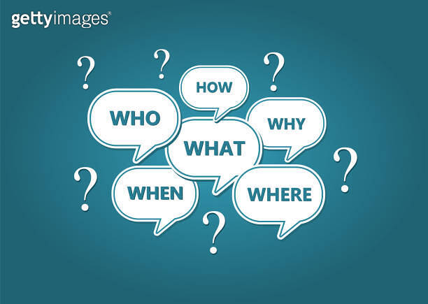 Speech bubbles with questions: Who, what, where, when, why, how. Asking ...