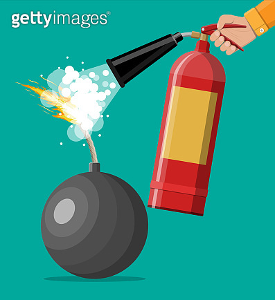 Ball bomb to explode and hand with extinguisher 이미지 (1209816262) - 게티이미지뱅크