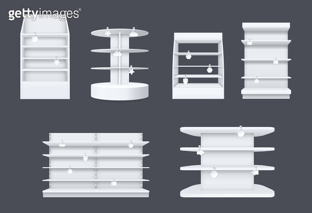 Stand Rack Template Store shelves with wobbler templates set. Realistic empty shelving ...