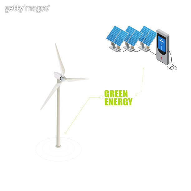 Isometric vector charging pile, Using solar energy and wind turbine for ...