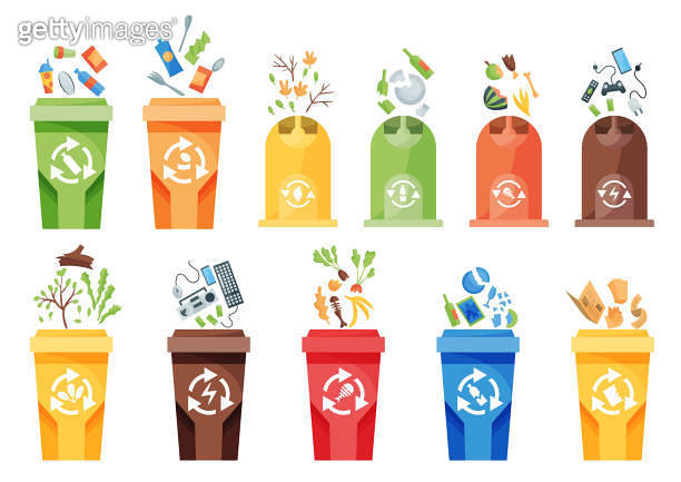 Garbage collection recycling. Plastic containers for garbage of ...