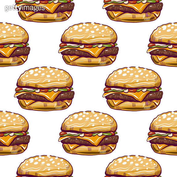Tasty burger. Seamless pattern. Hand drawn vector Illustration isolated ...
