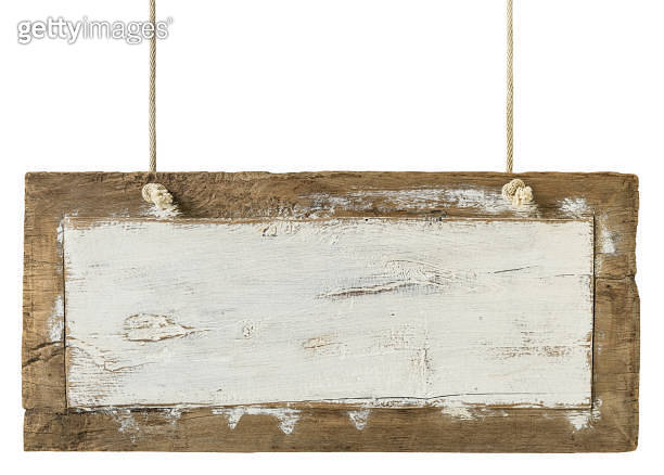 Old weathered white teak wood sign/signboard panel hanging by old ropes ...