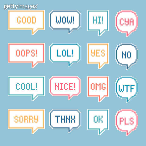 collection set of retro game 8 bit line pixel speech bubble balloon ...