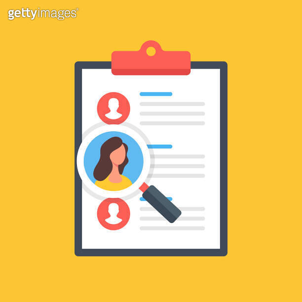 Choosing employee. Clipboard with list of candidates and magnifying