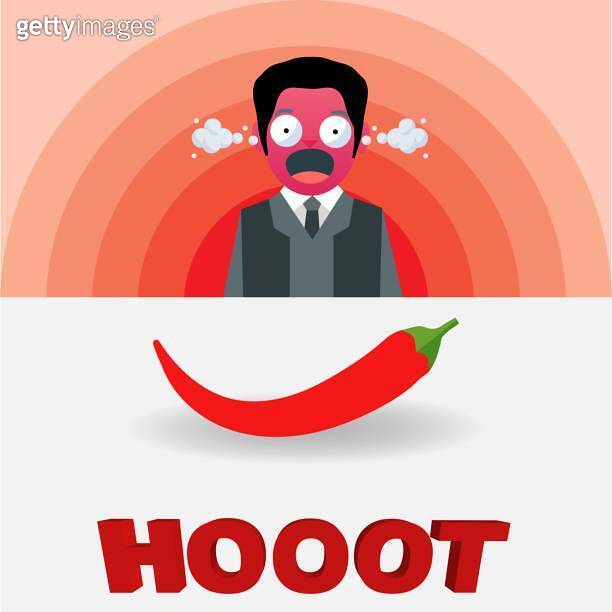 Men with red face after eating red peppers having as background a red