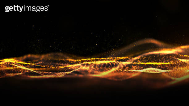 Digital particles wave flow gold color with bokeh abstract motion ...